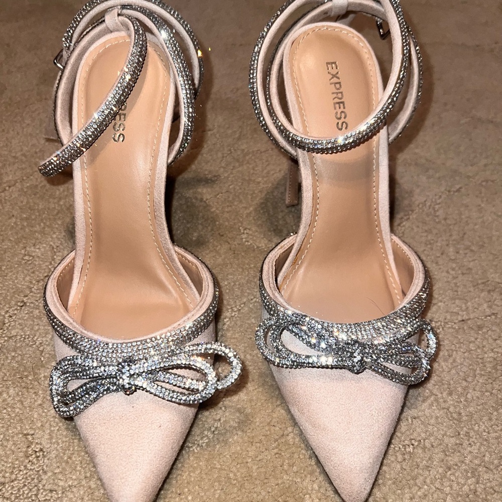 Express Blush Rhinestone Bow Ankle-Strap Heels 6